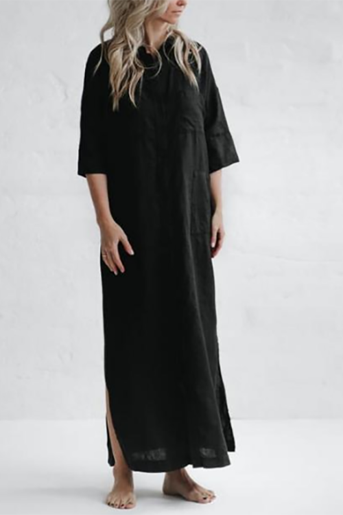 Linen Button Pockets Shirt Maxi Dress