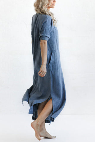 Linen Button Pockets Shirt Maxi Dress