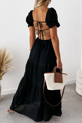 V Neck Puff Sleeve Backless Maxi Dress