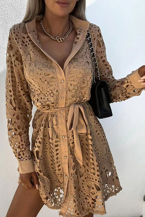 Hollow Lace Button Long Sleeve Shirt Dress