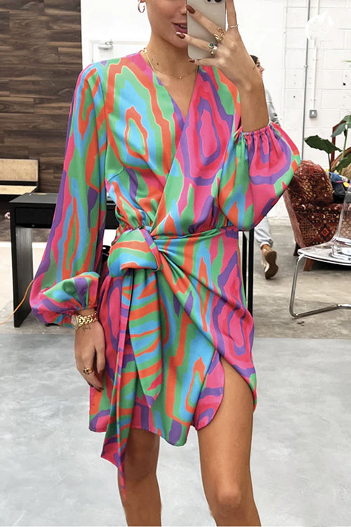 Print Long Sleeve Wrap Mini Dress