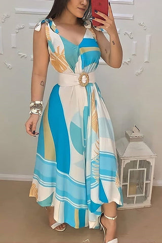 Print V Neck Tie Shoulder Maxi Dress With Belt