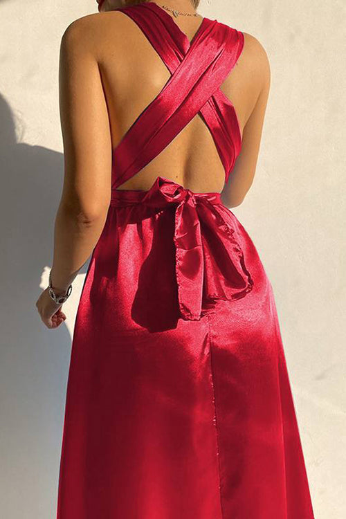 V Neck Cross Back Midi Dress