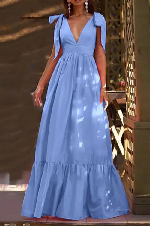 Tie Straps V Neck Tiered Ruffles Maxi Dress