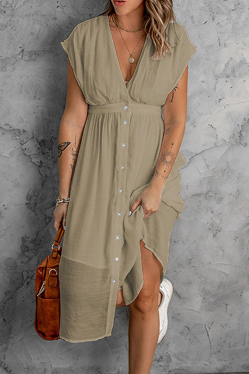 Button V Neck Midi Dress