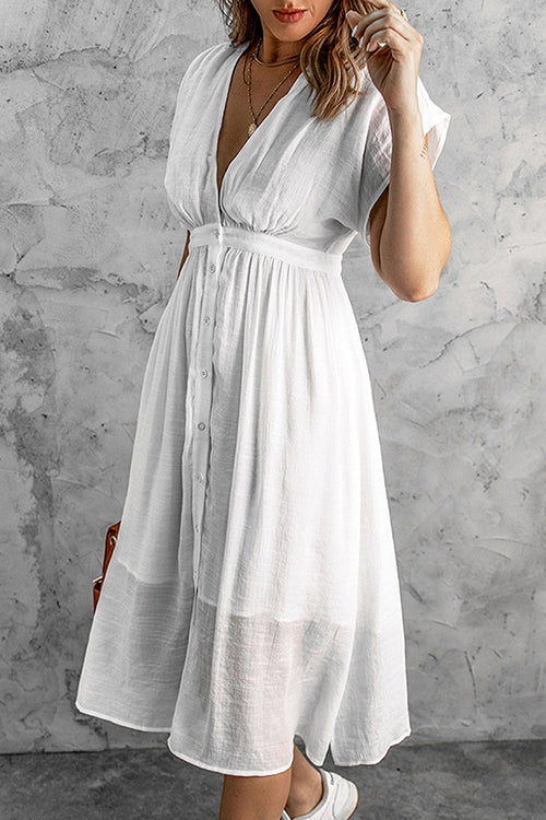 Button V Neck Midi Dress