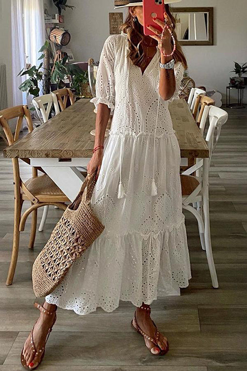 Eyelet Tassels Tiered Maxi Dress