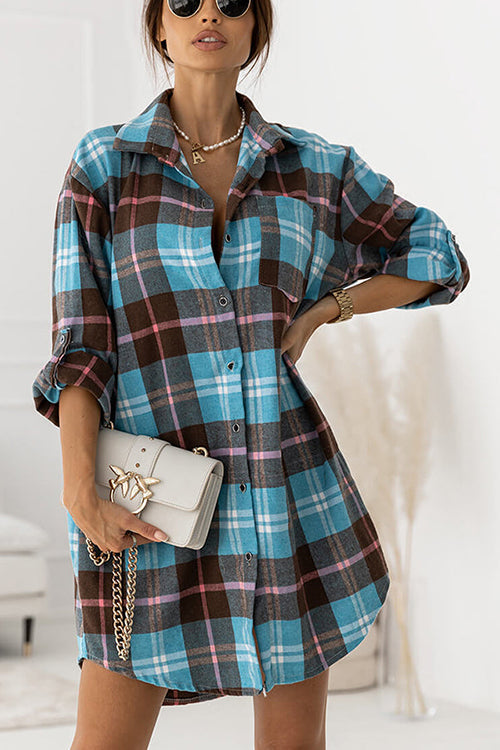 Oversized Plaid Button Shirt Dress