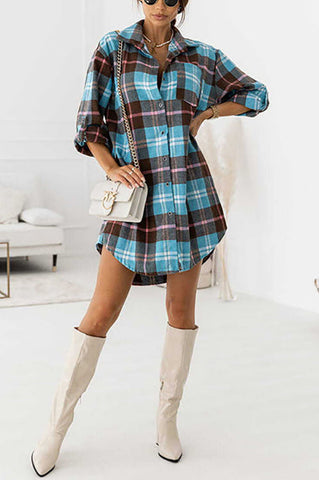 Oversized Plaid Button Shirt Dress