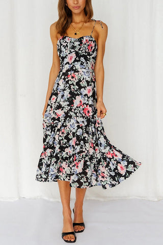 Floral Tie Straps Ruffles Midi Dress