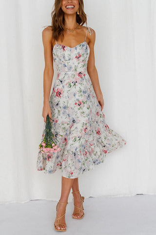 Floral Tie Straps Ruffles Midi Dress