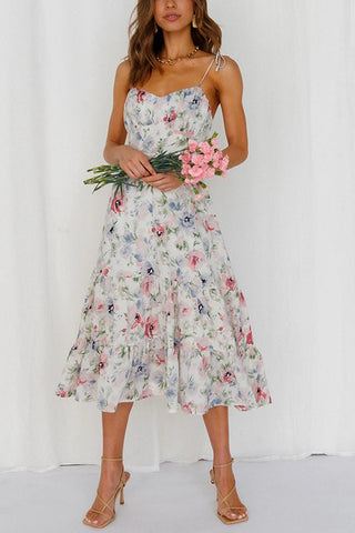 Floral Tie Straps Ruffles Midi Dress