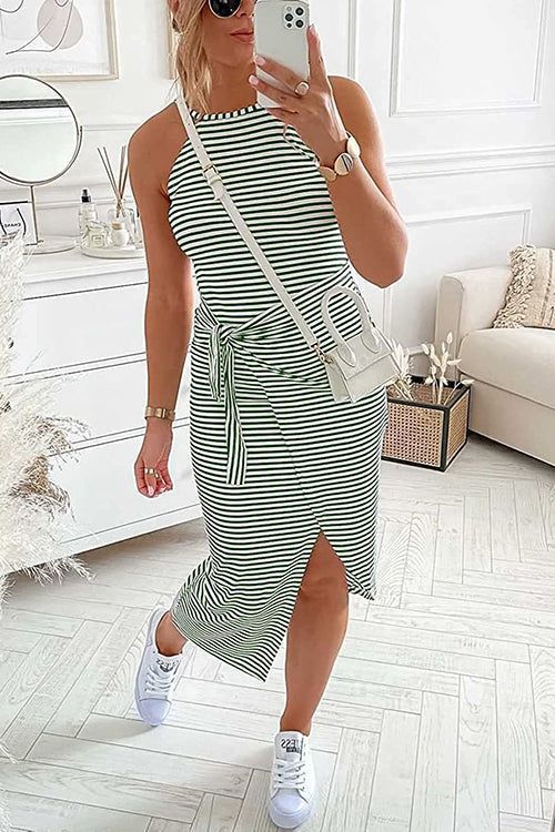 Striped Wrap Tie Asymmetric Halter Midi Dress