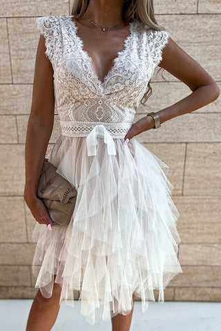 Lace Mesh V Neck Tank Cake Dress