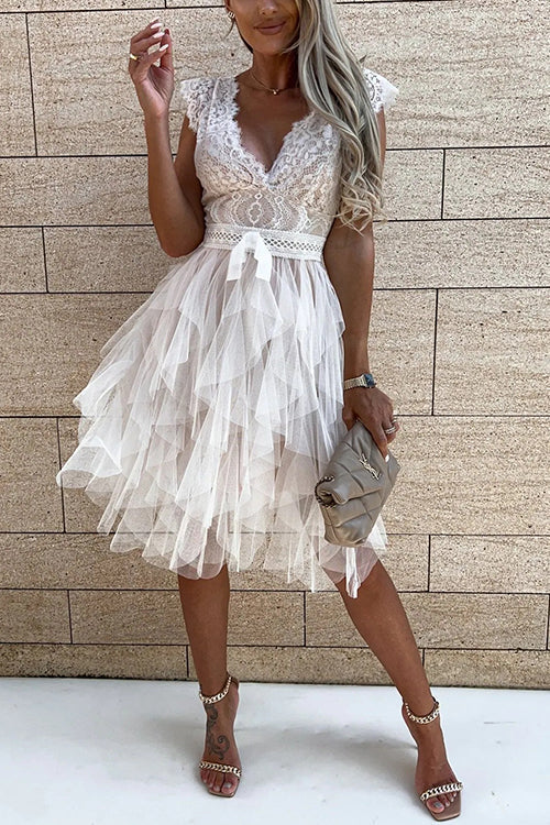 Lace Mesh V Neck Tank Cake Dress