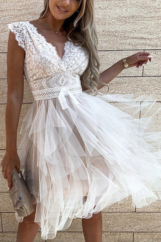 Lace Mesh V Neck Tank Cake Dress