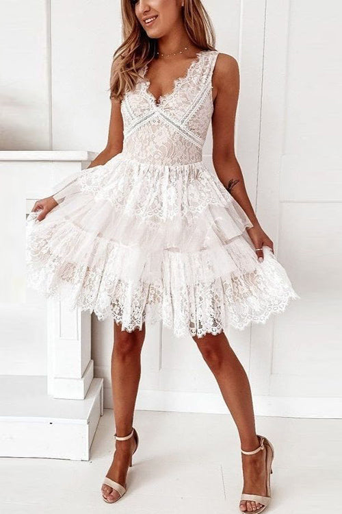 Lace Mesh V Neck Tank Cake Dress