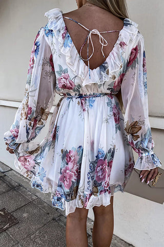 Ruffles Floral V Neck Long Sleeve Mini Dress