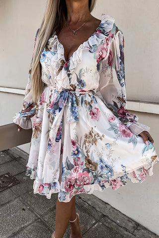 Ruffles Floral V Neck Long Sleeve Mini Dress