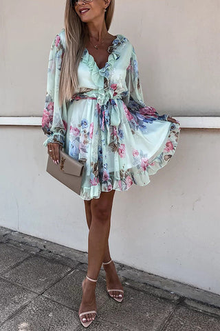 Ruffles Floral V Neck Long Sleeve Mini Dress