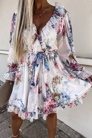 Ruffles Floral V Neck Long Sleeve Mini Dress