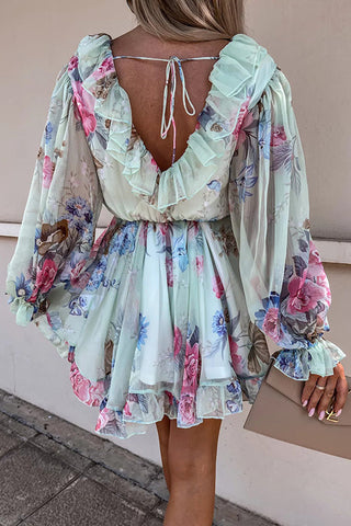 Ruffles Floral V Neck Long Sleeve Mini Dress