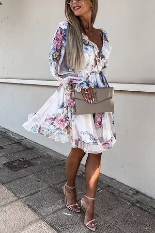 Ruffles Floral V Neck Long Sleeve Mini Dress