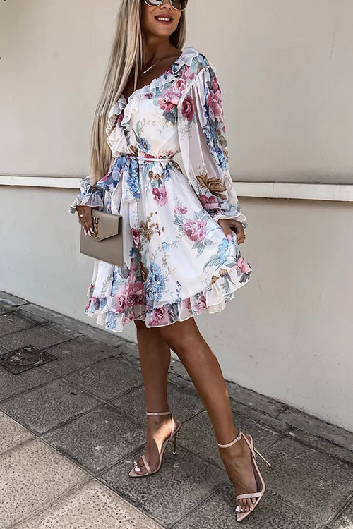 Ruffles Floral V Neck Long Sleeve Mini Dress