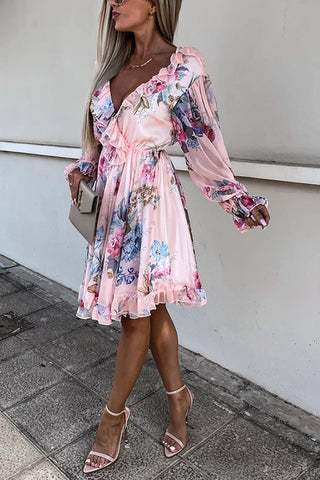 Ruffles Floral V Neck Long Sleeve Mini Dress