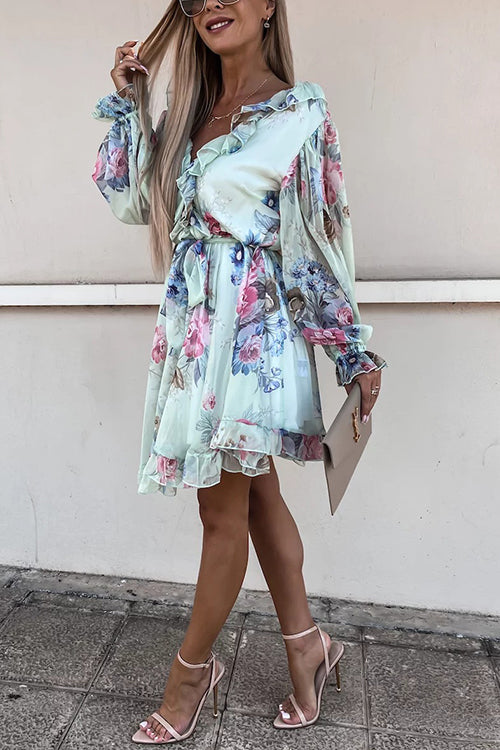 Ruffles Floral V Neck Long Sleeve Mini Dress