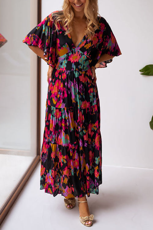 V Neck Floral Bat Maxi Dress