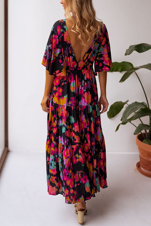 V Neck Floral Bat Maxi Dress