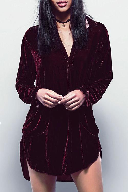 V Neck Pockets Velvet Shirt Dress