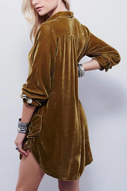 V Neck Pockets Velvet Shirt Dress