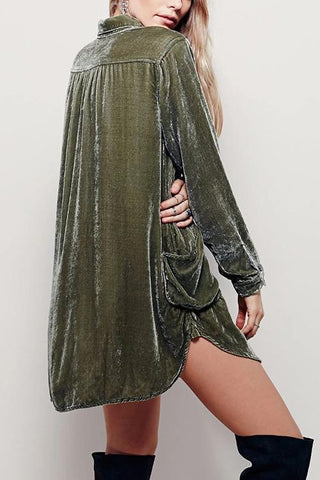 V Neck Pockets Velvet Shirt Dress