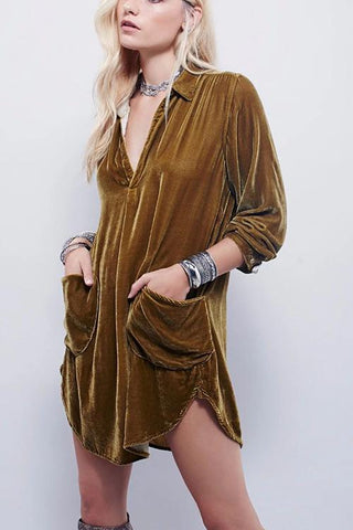 V Neck Pockets Velvet Shirt Dress