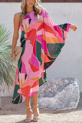 Multi Print Asymmetrical One Shoulder Dress