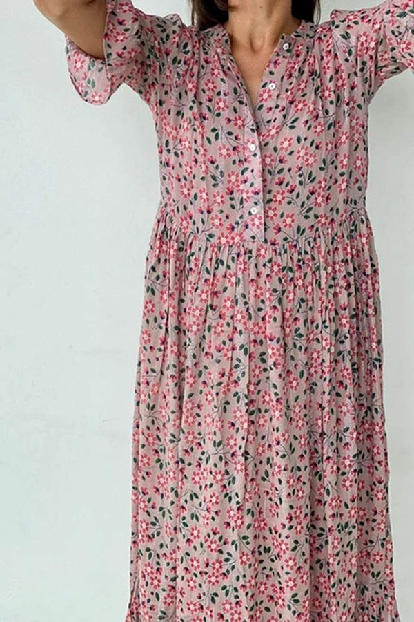 Floral Button Flares Sleeve Dress