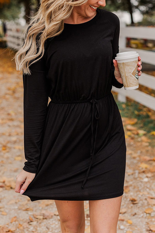 Drawstring O Neck Long Sleeve Swing Dress