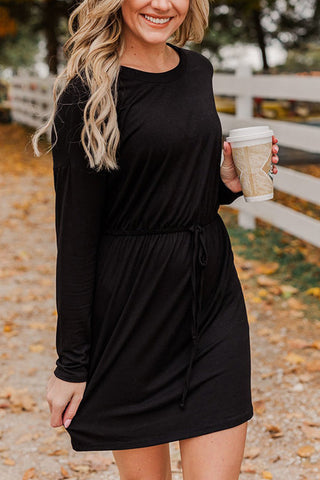 Drawstring O Neck Long Sleeve Swing Dress