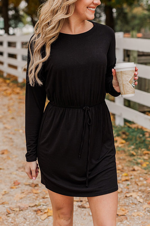 Drawstring O Neck Long Sleeve Swing Dress