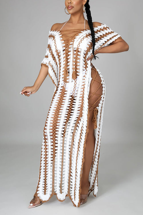 Stripe V Neck Side Slit Hollow Caftan Dress