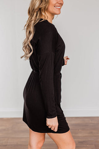 Drawstring O Neck Long Sleeve Swing Dress