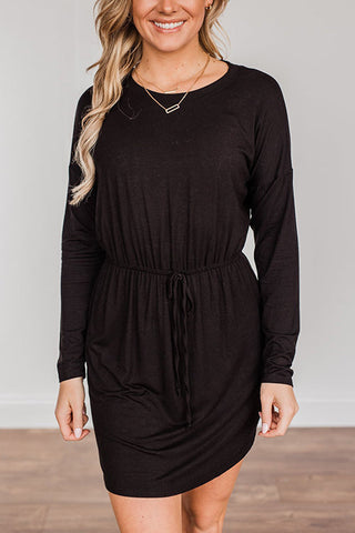 Drawstring O Neck Long Sleeve Swing Dress