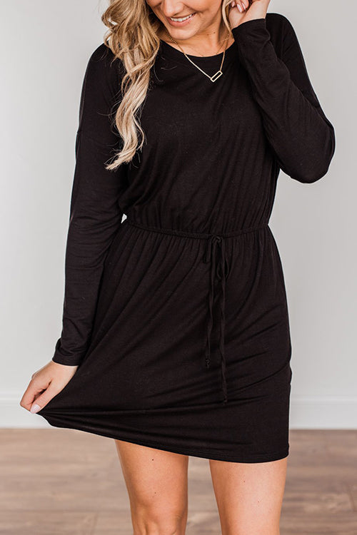 Drawstring O Neck Long Sleeve Swing Dress