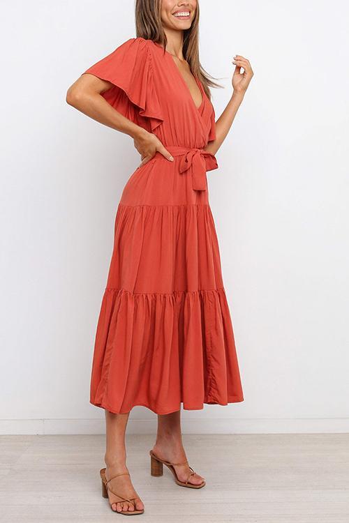 Solid Ruffles Belted Maxi Dress