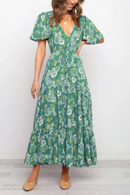 Floral V Neck Tie Waist Maxi Dress