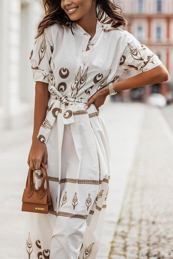 Print Button Belted Maxi Dress