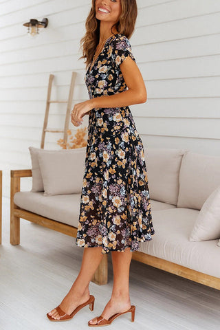 Floral Print V Neck Midi Dress