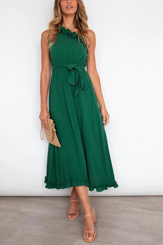 Ruffles One Shoulder Belted Maxi Dress